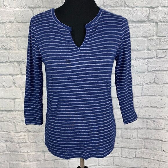 Joe fresh stripe v-cut 3/4 sleeve top blue sz LG women - Picture 1 of 9